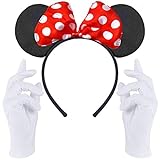 Hatstar Maus Ohren Haarreif | in schwarz mit roter Schleife + weiße Handschuhe | Kostüm Set für Erwachsene & Kinder - Damen & Mädchen | zu Karneval & Fasching