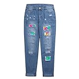 URIBAKY-Kleiden Jeanshosen Damen Stretch 7/8 Damen-Jeans mit - und Blumendruck, zerrissene Jeans in Übergröße Weite Jeanshosen D