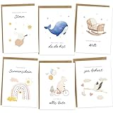 BIROYAL 6 Glückwunschkarten zur Geburt Baby | Hochwertige Karte Geburt für Baby Klappkarten mit Umschlägen aus Kraftpapier und Aufkleber | Süße Geburtskarten aquarell für Mädchen und Jung