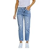 Damen Dehnbare hoch taillierte Boyfriend-Jeans mit geradem Bein und ausgefransten -Denim-Hosen Jeanshosen Für D