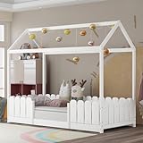 Aunvla Hausbett 90x200 cm - vielseitiges Holz Kinderbett für Jungen & Mädchen - Mit Rausfallschutz und Lattenrost – Weiß (Ohne Matratze)