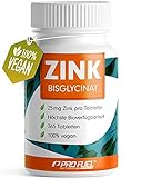 Zink 25mg - 365 Tabletten (vegan) mit Zink-Bisglycinat (Zink-Chelat) für höchste Bioverfügbarkeit - laborgeprüft, hochdosiert, ohne unerwünschten Zusatzstoffe - 1 Jahresvorrat - ProF