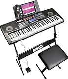 RockJam 61 Key Touch Display Keyboard Piano Kit with Digital Bench, Electric Stand, Headphones Note Stickers, Sustain Pedal & Simply L