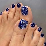24 Stück Falsche Zehennägel, Blau Marmor Französische Kurze Künstliche Fußnägel, Natürliche Glitzer Acryl Zehennägel zum Aufkleben Quadratische für Frauen und Mädchen Nagelkunst DIY