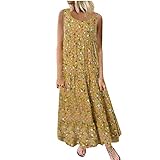 Nidddiv Damen Kleid mit ausgestelltem Spitzenkleid, lang, locker, Blumenmuster, ärmellos, gelb, X-Larg