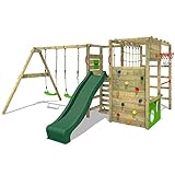 FATMOOSE Spielturm Klettergerüst ActionArena Air mit Schaukel & grüner Rutsche, Outdoor Kinder Kletterturm mit Leiter, Basketballkorb & Spiel-Zubehör für den G