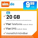 Handytarif sim.de z.B. Allnet Flat 20 GB – (Flat Internet 5G 20 GB, Flat Telefonie, Flat SMS und Flat EU-Ausland, 9,99 Euro/Monat, monatlich kündbar) oder andere T