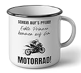 Emaille-Tasse Motorradfahren 300ml - 9 Motorrad-Motive zur Auswahl - Biker Spruch - Geschenk Motorradfans Kaffeebecher Tasse Motorradfahrer (Scheiß auf,s Pferd. Echte Prinzen kommen auf dem Motorrad)
