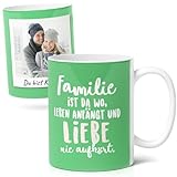 Familien Geschenk Keramik Kaffee Tasse (300ml) mit Foto & Spruch Geschenk für Geburtstage, Muttertag, Vatertag oder einfach Danke Familie, da wo Leben beginnt, Lieb