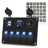 Marine-Schalttafel, wasserdicht, 12 V, 5-Gang-Wippschalter, blau beleuchtet, mit zwei USB-Buchsen, Voltmeter und Zigarettenanzü