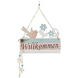 com-four® Türschild Willkommen - Deko-Schild Frühling aus Holz mit Kordel zum Aufhängen - Oster-Deko Schild für die Haustür (01 Stück - Vogel und Blume)
