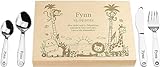 LAUBLUST Kinderbesteck mit Gravur - inkl. Personalisierte Geschenkbox aus Holz - Dschungel Motiv - Natur | Esslernbesteck Edelstahl, 4-teilig - Geschenk mit Namen - Erinnerung an Baby &