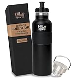 HiLo sports 600 ml Fahrradflasche Edelstahl Isoliert - Für Kunststoff Flaschenhalter - [Pulver Beschichtetes Edelstahl] - Fahrrad Trinkflasche mit 2 Verschlüssen - Thermo Radflasche (Schwarz)