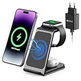 3 in 1 Wireless Charger,15W Ladestation Apple Watch und iPhone Inductive Kabelloses Ladegerät for iPhone 15 14 13 12 11 Pro Max/Mini/XS/XR/8,Apple Watch Series AirPods Pro (Schwarz)