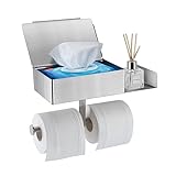 Toilettenpapierhalter Silber, klopapierhalter ohne Bohren mit Feuchttücherbox Klorollenhalter, Toilettenpapierhalter mit Ablage, WC Papier Halterung für Küche und B