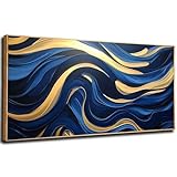 Zhaoyang Art Großes Wandkunst-Kunstwerk in Blau und Gold, Wanddekoration, Wohnzimmer, goldgerahmte Wandkunst, gespannt und gerahmt, fertig zum Aufhängen, 55 x 110 cm/22 x 43 Zoll, mit goldenem R