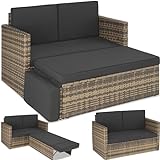 tectake Sofa Set - 2 Sitzer Sessel mit Hocker und Schlaffunktion, kleine Rattan Couch als Outdoor Gartenmöbel, wetterfest für Lounge, Balkon und Garten, klappb