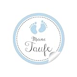 24 STICKER:'Meine Taufe' 24 schöne Etiketten mit Babyfüßen für ein Mädchen/Junge in Blau • Die Papieraufkleber sind optimal für Gastgeschenke oder Tischdeko zur Taufe im Format 4 cm, rund,