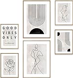 MUUDLY® Premium Poster Set, Moderne Wandbilder für Wohnzimmer und Schlafzimmer, 2 x A3 & 4 x A4, Bilder als Wanddeko (Abstrakt Line Art Schwarz Beige, ohne Rahmen)