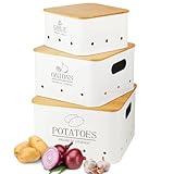 Otauoaea Kartoffel Aufbewahrungsbox 3er Set - Kartoffeln, Zwiebeln und Knoblauch Aufbewahrung mit Deckel aus Bambus - Hält Gemüse Länger Frisch - Kartoffeltopf Zwiebeltopf und Knoblauchtopf - Weiß