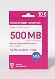 Telekom MagentaMobil Prepaid S SIM-Karte ohne Vertragsbindung I inkl. 500 MB & Flat (Min, SMS) ins Telekom Mobilfunknetz & EU-Roaming I Surfen mit LTE Max I 10 EUR Startguthab