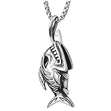 COOLSTEELANDBEYOND Hai Scharfe Zahn Fisch Skelett Knochen Edelstahl Anhänger Halskette für Herren, 75cm Stahl W