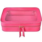 SOIDRAM Transparente Make-up-Tasche, rosa Kosmetiktasche, Organizer, tragbare Reise-Kulturtasche für Frauen, Make-up-Tasche mit transparenten Vinyl-Fenstern und goldenen Reißverschlü