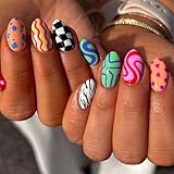 Irikdescia 24 Stück Bunte Mandelförmige Press On Nails, Glänzende Vielseitige Nägel Zum Aufkleben, Hochwertige Geometrische Fake Nails Für Frauen Und M