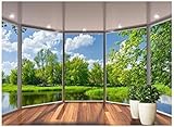 XLMING Tapete 3D Dreidimensional Fenster Bodenbelag Wald Landschaft Tv Hintergrund Tapete Wohnzimmer Sofa Modern 5D Wandbild-300cm×210
