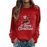 Oversized Hoodie Damen Pullover-Oberteile für Damen, täglich, frohe Weihnachten, Schneeflocken, O-Ausschnitt, Sweatshirt, runder Ausschnitt, passende Pullover-Oberteile, lässige Basic Hoodie (Red, XL)