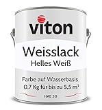 Viton Weißlack - 0,7 Kg - RAL 9016 Verkehrsweiß (Helles Weiß) - Seidenmatt - 2in1 Premium Weisslack - Hohe Beständigkeit & Deckkraft - Alle Oberflächen - Türlack, Fensterfarbe - HAE 30
