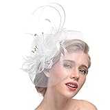 JIAHG Damen Fascinator Blumen Netz Braut Kopfschmuck Haar Clip Hut Feder Haarschmuck Kopfbedeckung für Party Kirche, Einheitsgröße, Weiß