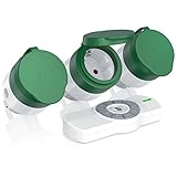 CSL - Funksteckdosen Set mit Fernbedienung - 3er Set für den Außenbereich Outdoor - LED-Statusanzeige blau - Spritzwassergeschützt - integrierter Berührungsschutz - 3680W - IP44 - weiß grü