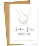 JOYEASE Premium Hochzeitskarte mit Umschlag aus Kraftpapier - Hand in Hand - Karte Hochzeit mit goldener Heißfolienprägung - Glückwunschkarte zur Hochzeit Wedding
