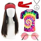 iZoeL 70er Kostüme 5tgl. Hippie T-Shirt Perücke Brille Peace Halskette Stirnband - Herren Damen 70er Jahre Bekleidung Karneval Fasching F