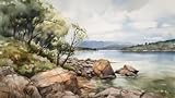 adrium Acryl-Bild 140 x 80 cm: Aquarelllandschaft mit See und Bergen im Hintergrund. Digitale Zeichnung. (201387124)