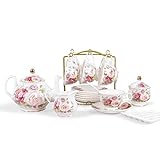 fanquare 21 Teilig Porzellan Europäisches Teeservice, Rosa Rose Keramik Kaffeeservice, Hochzeit Tee Service für Nachmittagstee,