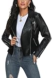 Fahsyee Damen Kunstlederjacke, Motorrad Übergröße Moto Biker Lederjacke Reißverschluss Mantel Kurz Leicht Vegan Mode, Schwarz M