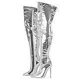 Only maker Damen Stiefel Overknee Spitze Stiletto Crotch Boots mit Reißverschluss Metallic Silber Lackoptik 39 EU