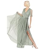 Anaya with Love Damen Ladies Maxi Dress Women V Neckline Short Sleeve Frilly Long Empire Waist for Wedding Guest Bridesmaid Maid of Honour Kleid, Frosted Green, 42