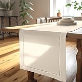 Encasa Tischläufer aus Baumwolle mit Hohlsaumdesign für 4 Seater | Natürlich | Größe 32x150 cm | Esstischdekoration – maschinenwaschb