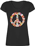T-Shirt Damen V Ausschnitt - Sprüche Statement - Peace Flower Power - Hippie Peace Zeichen Friedenszeichen 90er 70er - L - Schwarz - Shirt 70iger Jahre Tshirt tailliert t Peace-Z