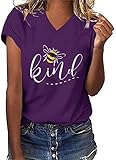 Damen Be Kind Graphic Tees V Neck Cute Printed Sommer Casual T Shirts Tops - V