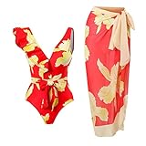 Damen 1-teilige Badebekleidung + 1-teiliges Vertuschung-Badeanzug mit Vintage-Print, Monokini-Bikini, 2-teilige Badeanzüge, zweiteiliges Tankini-Set Borat Badeanzug Weiß (Red, S)