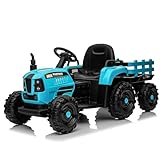 Houcheyai Premium 12V elektrischer Traktor für Kinder with 3-Gang and Detachable Trailer, Features 2.4G Remote Control, LED Lights, Music, Horn, USB Functions (Blue)