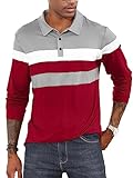 CTU Herren Polohemden Langarm Kontrastfarbiges Hemd Patchwork Hemd Golf Tennis Oberteile Rot, 3XL