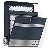 Graviers Design Briefkasten mit Zeitungsfach in Anthrazit RAL 7016 - Postkasten personalisiert Edelstahl Lasergravur Namensschild Hausnummer - Wandbriefkasten Briefbox mit Schloss Zeitung