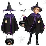 NHYDZSZ Hexenkostüm Kinder, Halloween Hexenkostüm Mädchen, Hexe Kostüm, Schwarz Lila Witch Umhang mit Hut und Tüten, Kinder Hexen verkleiden Kostüm für Halloween, Cosplay Party, Fasching