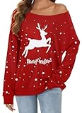 Gosunny Weihnachtspullover Damen Schulterfreie Langarm Christmas Sweatshirt mit Elchprint Oberteil(Rot,L)