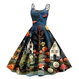 Halloween-Kostüme für Damen 2024, Kleider mit blutigen Mustern, V-Ausschnitt, Spaghettiträger, fließende Kleider, A-Linie, Swing-Partykleid Kurze Kleider Damen Elegant (Grey, XXL)